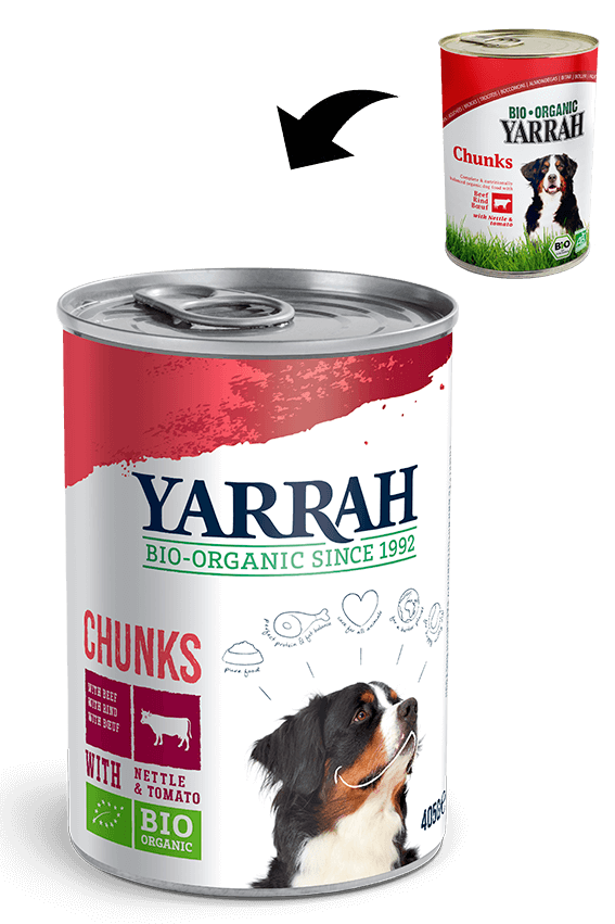 Yarrah Hund Bröckchen Huhn/Rind mit Brennnesseln &amp; Tomate 12x405 gr